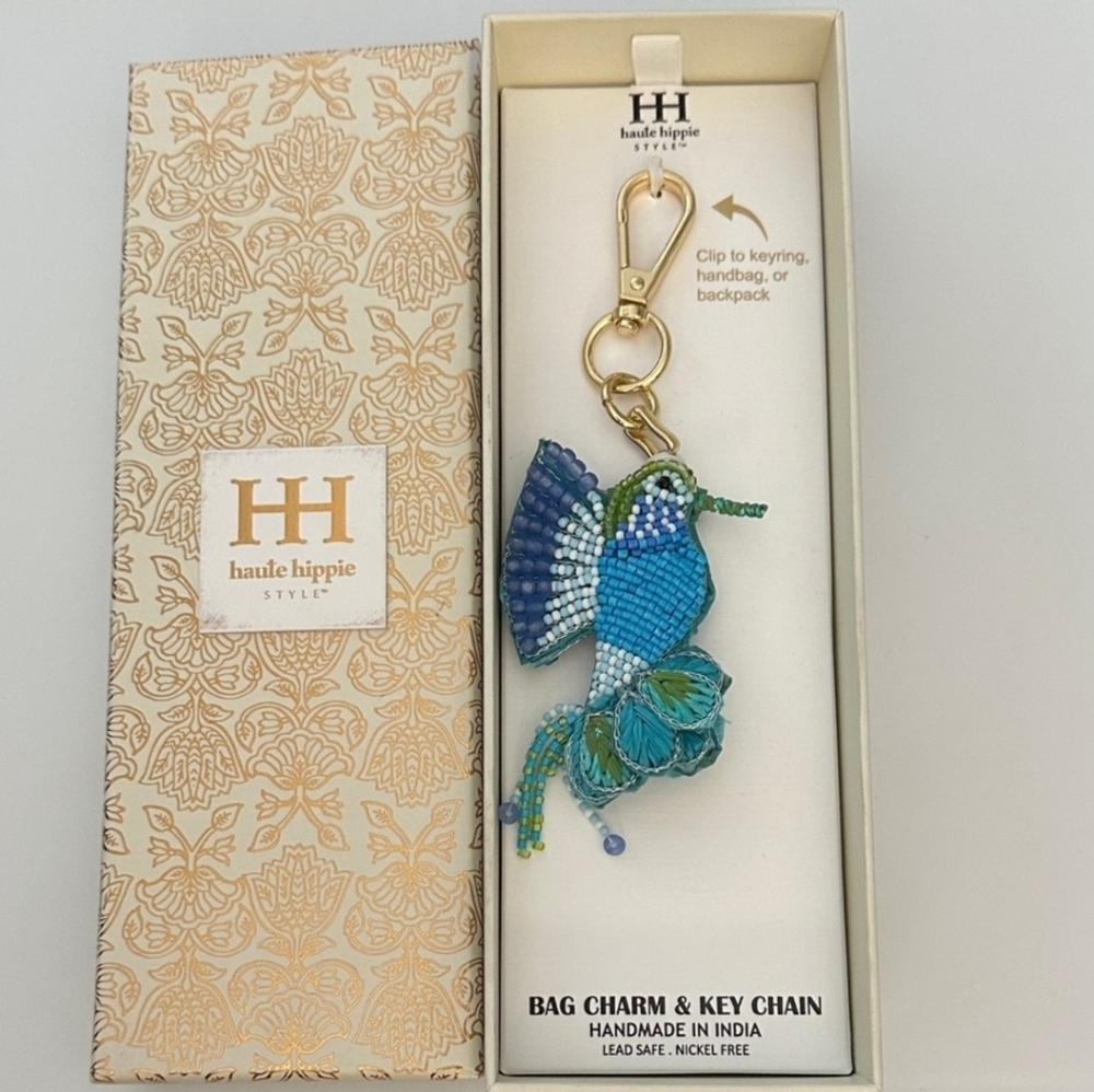 🦜▪️ Haute Hippie▪️ Blue and Green Beaded Humming Bird Bag Charm Or Keyring - Picture 4 of 5